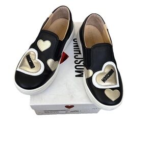 MOSCHINO VITELLO LAMINATO Shoes Black Gold Heart Slip On Sneakers US 3.5 Euro 35
